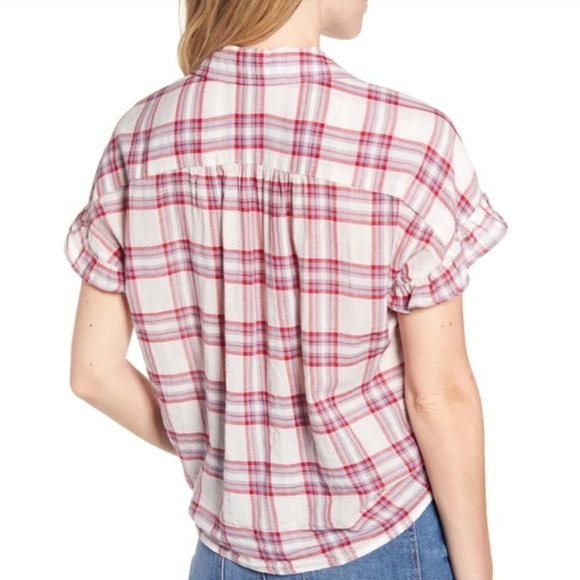 PAIGE Top Button Front Tie Split Neck Short Sleeve Plaid Cream Red Grey L NWT - Picture 7 of 14